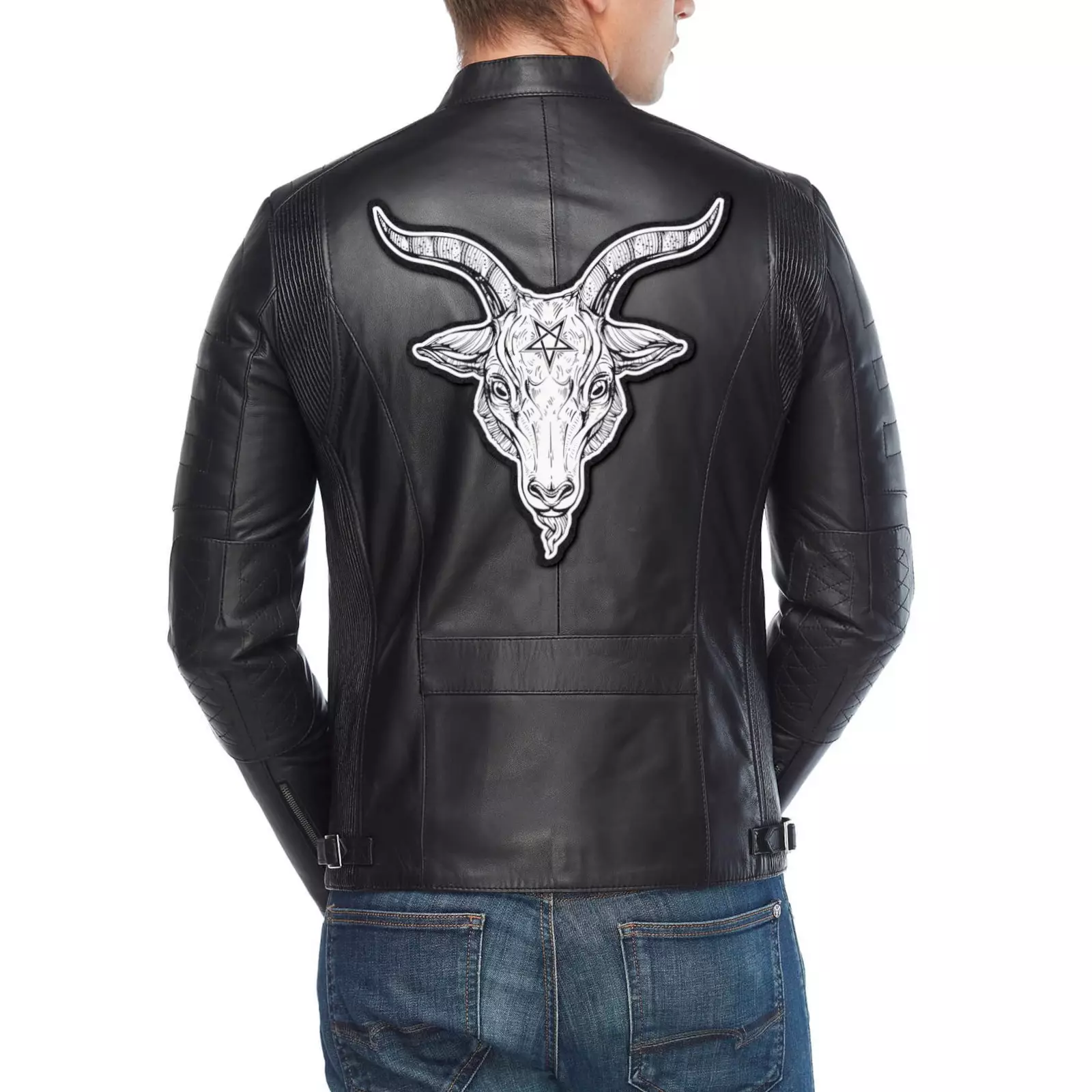 Goat Artwork Patched Black Genuine Leather Jacket, Black Metal Merchandise