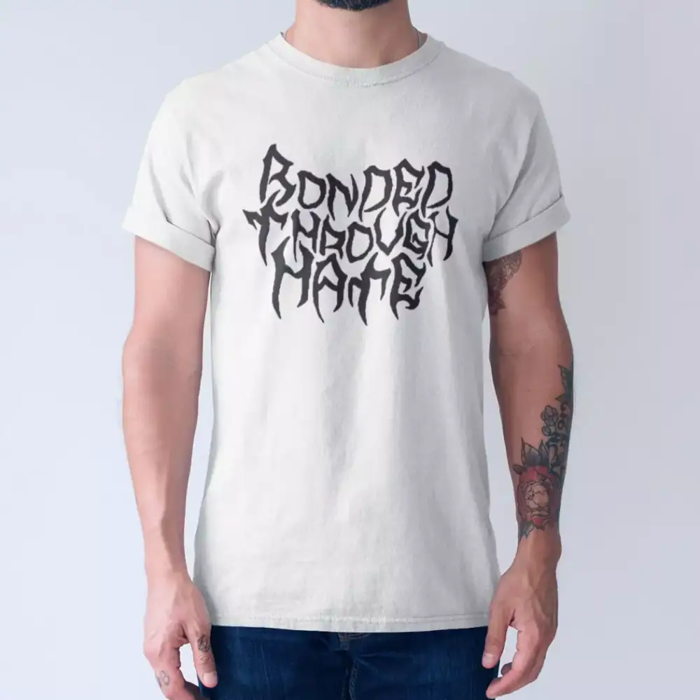 Bonded Through Hate Band T-Shirt, Bonded Through Hate Logo White Tee Shirt, Death Metal Merchandise - Image 2